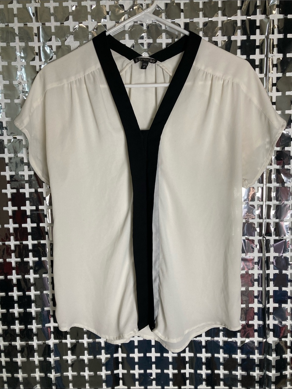 Express White Short Sleeve Blouse with Black Tie Detail